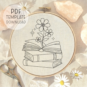 Books Embroidery Pattern Download Reading Book Decor, Book Hand Embroidery, Bookshelf Art Idea, DIY Embroidery Book Design, Book Lover Gift