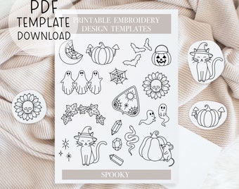 Printable Halloween Embroidery Patterns Sheet, Spooky Hand Embroidery, Fall Embroidery Patch Designs Download For Stick And Stitch DIY