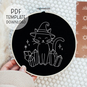 Cat Witch Embroidery Pattern Download, Fall Embroidery Halloween Pattern, Witchy Cat Hand Embroidery Designs, Cute Halloween Crafts