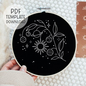 Space Plant Embroidery Pattern, Universe Embroidery, Planets Embroidery Design, Sun Embroidery, Stars Embroidery, Galaxy Embroidery Art