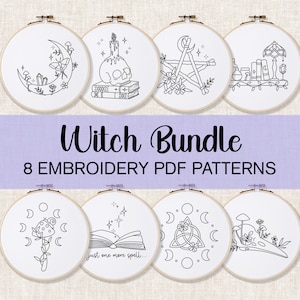 May include: A set of eight embroidery patterns featuring witchy themes. The patterns include a crescent moon, a skull with a candle, a pentagram, a bookshelf with a lamp, a wand with a mushroom, an open book, a triquetra, and a skull with mushrooms. The text "Witch Bundle" and "8 EMBROIDERY PDF PATTERNS" is displayed on a purple background.