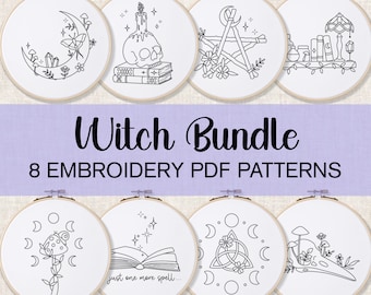 May include: A set of eight embroidery patterns featuring witchy themes. The patterns include a crescent moon, a skull with a candle, a pentagram, a bookshelf with a lamp, a wand with a mushroom, an open book, a triquetra, and a skull with mushrooms. The text "Witch Bundle" and "8 EMBROIDERY PDF PATTERNS" is displayed on a purple background.