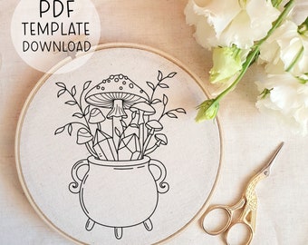 Mushroom Cauldron Embroidery Pattern, Mushroom Needlepoint Pattern, Crystals Embroidery Download Witchy Embroidery Witch Embroidery Design