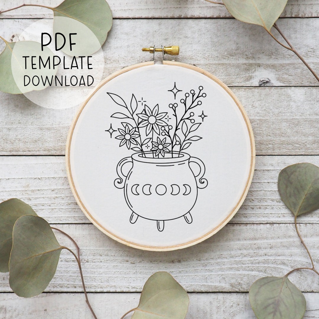Cauldron Embroidery Pattern Template, Wiccan Embroidery Design, Wicca ...