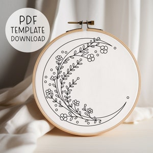 Flower Moon Embroidery Pattern Download, Floral Celestial Embroidery, Moon Pattern Embroidery Whimsical Embroidery, Easy Embroidery Art