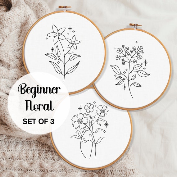 Beginner Floral Embroidery Pattern Bundle, Beginner Hand Embroidery Patterns,  Bulk Embroidery Patterns Download Flowers Embroidery, Craft 