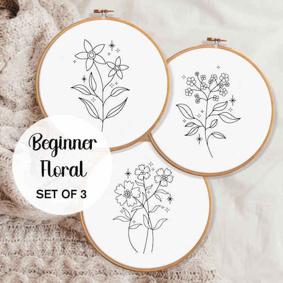 Beginner Floral Embroidery Pattern Bundle, Beginner Hand Embroidery Patterns,  Bulk Embroidery Patterns Download Flowers Embroidery, Craft 