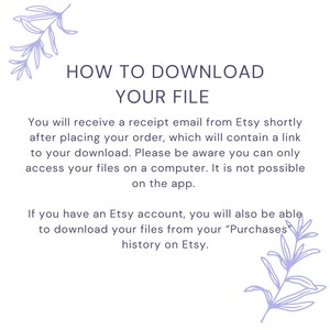Op de afbeelding: Tekstuele instructies over het downloaden van een digitaal bestand van Etsy. De tekst legt uit dat er een ontvangstbevestiging per e-mail wordt verzonden met een link om het bestand te downloaden. Er wordt ook vermeld dat bestanden alleen toegankelijk zijn op een computer, niet op de Etsy-app. De tekst vermeldt ook dat Etsy-accounthouders bestanden kunnen downloaden vanuit hun aankoopgeschiedenis.