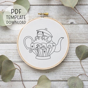 Tekannagrodabroderimönster PDF-nedladdning, Mushroomcore, Fantasy Decor DIY, Söt grodabroderidesign, Frogcore nyckfullt broderi