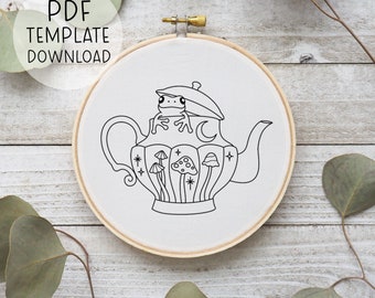 Teapot Frog Embroidery Pattern PDF Download, Mushroomcore, Fantasy Decor DIY, Cute Frog Embroidery Design, Frogcore Whimsical Embroidery