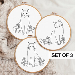 3 Cats And Flowers Embroidery Pattern Templates, Cute Cat Embroidery Bundle Of 3, Modern Cat Embroidery PDF, Cat Lover Embroidery Hoop Art