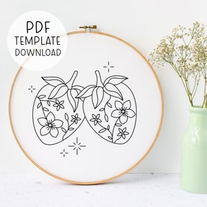 Floral Strawberries Embroidery Pattern PDF Download, Cute Strawberry Decor DIY, Fruit Embroidery Design Strawberry Embroidery Kitchen Decor