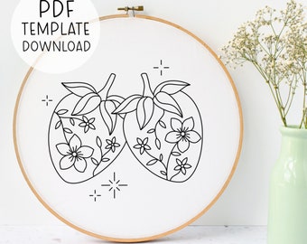 Patrón de bordado de fresas florales PDF Descargar, Linda decoración de fresa DIY, Diseño de bordado de frutas Decoración de cocina de bordado de fresa