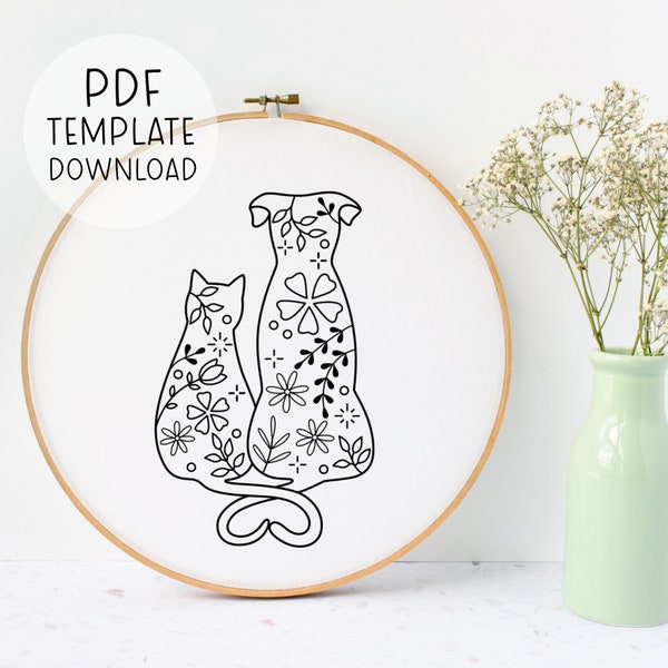 Cat And Dog Embroidery Pattern Download, Cat Embroidery, Dog Embroidery Pattern, Gift For Cat Person, Gift For Dog Person, Cute Cat And Dog