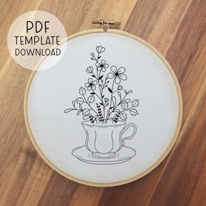 Può includere: Un disegno in bianco e nero di una tazza da tè piena di fiori. La tazza da tè è su un piattino e i fiori sono stilizzati.