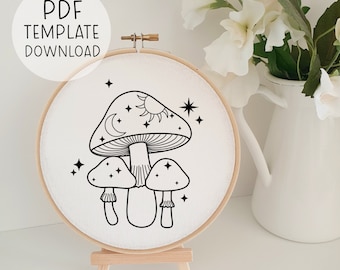 天空のキノコ刺繍パターンPDF - モダンな手刺繍デザイン