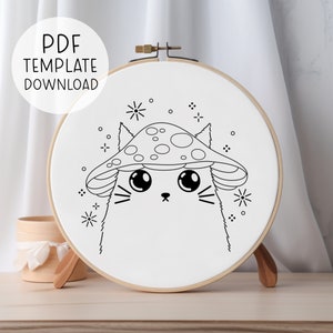 Mushroom Hat Cat Embroidery Pattern Template - INSTANT PDF DOWNLOAD - Mushroomcore modern embroideries wall art.