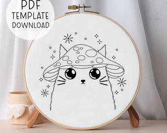 Mushroom Hat Cat Embroidery Pattern Template - INSTANT PDF DOWNLOAD - Mushroomcore modern embroideries wall art.