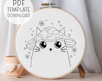 Mushroom Hat Cat Embroidery Pattern Template - INSTANT PDF DOWNLOAD - Mushroomcore modern embroideries wall art.