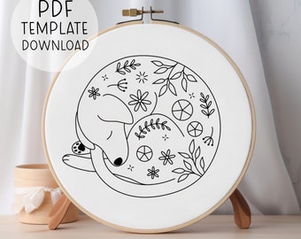 Floral Sleeping Dog Embroidery Pattern Template, Cute Dog Embroidery, Dog Lover Gift, Modern Dog Embroideries, Puppy Embroidery Hoop Art