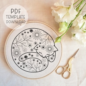 Floral Cat Embroidery Pattern Template Sleeping Cat Embroidery Download Cute Embroideries Pattern Download PDF Embroidery Templates