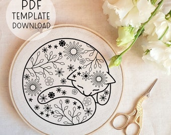 Plantilla de patrón de bordado de gato floral Descarga de bordado de gato durmiente Patrón de bordado lindo Descargar plantillas de bordado en PDF
