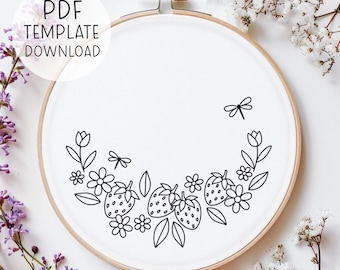 Patrón de bordado a mano de fresas silvestres PDF, linda decoración de fresa DIY, diseño de bordado de frutas decoración de cocina de bordado de fresa