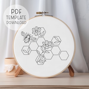 Bee Honeycomb Hand Embroidery Pattern Template, Bee Lover Handmade Gift, Spring Embroidery Floral Embroidery Patterns, Cute Bee Keeper Gift