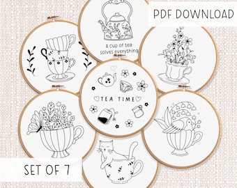 Paquete de patrones de bordado para amantes del té Descarga de bordado Regalo para amantes del té Patrones de bordado de té Patrones de bordado al por mayor Paquete de bordado