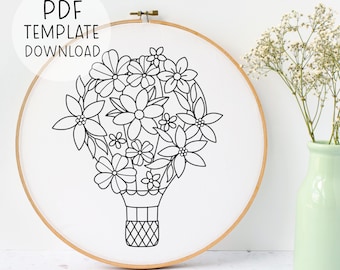 Floral Hot Air Balloon Embroidery Template Pattern, Adventure Embroidery Design, Embroidered Flowers Design, Floral Embroidery Flowers Art