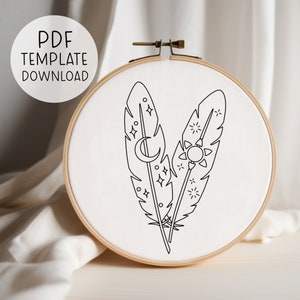 Sun And Moon Feathers Embroidery Pattern, Boho Embroidery, Boho Sun And Moon Embroidery, Cosmic Embroidery, Galaxy Hand Embroidery Designs