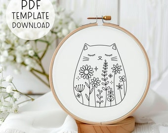 Plantilla de bordado de gato robusto, lindo gato bordado a mano, regalo para amantes de los gatos, patrón de bordado fácil para amantes de los gatos