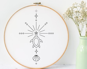 Ocean Ornamental Hand Embroidery Pattern : Beachy Embroidery Design Turtle Embroidery PDF