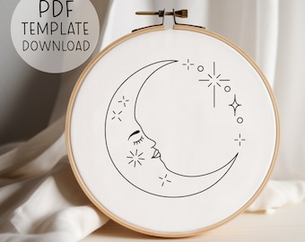 Moon Stars Celestial Embroidery Pattern Design, Hand Embroidery Moon Whimsical Goth Embroidery Pattern, Cosmic Download Embroidery PDF