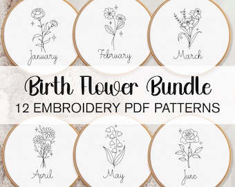 Birth Flowers Embroidery Pattern BUNDLE Beginner Hand Embroidery Patterns Birthday Embroidery Gift For Her Download Astrology Embroidery