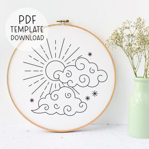 Clouds And Sun Embroidery Pattern Download, Celestial Embroidery, Sunny Embroidery Pattern, Whimsical Embroidery, Easy Embroidery Sky Design