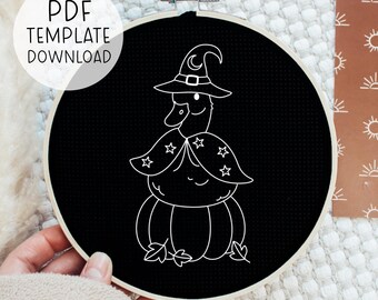 Witch Duck Embroidery Pattern, Cute Hand Embroidery Halloween Pattern, Spooky Duck Embroidery, Halloween Duck Embroidery Fall Pattern