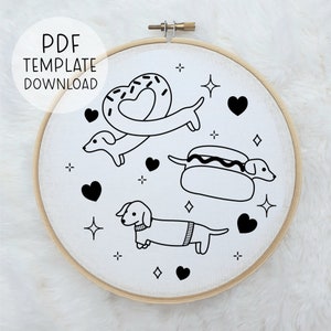 Sausage Dog Dachshund DIY Embroidery Pattern Template PDF DOWNLOAD. Quirky modern animal embroideries wall art.