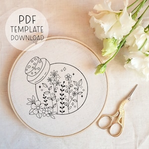 May include: Black and white line art embroidery pattern of a glass jar filled with flowers and leaves. The pattern is on a white fabric background. The image includes the text "PDF TEMPLATE DOWNLOAD".