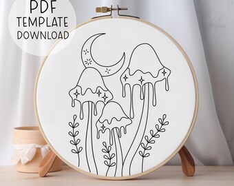 Dripping Mushrooms Embroidery Pattern Template, Witchy Champignons, Inky Cap Mushrooms Pattern, Lunatique Broderie, Champignons Célestes