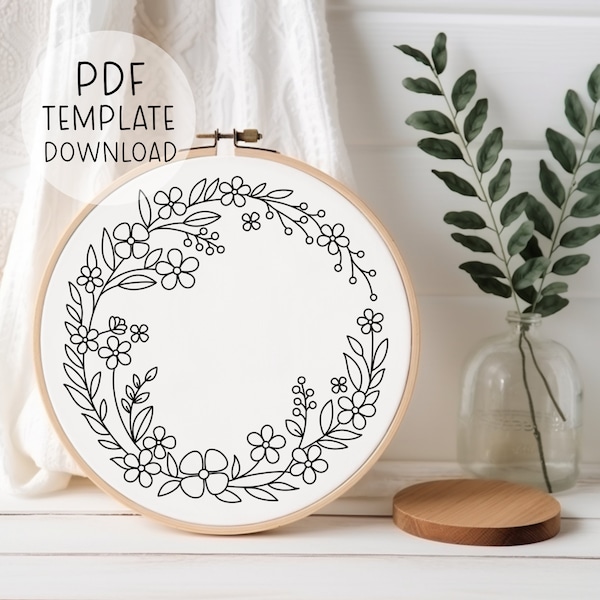 Floral Wreath Embroidery Pattern, Flower Border Embroidery Design, Floral Frame Embroidery, Simple Flowers Embroidery Design Easy Embroidery