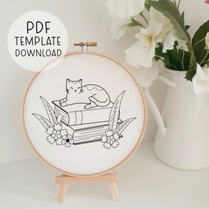 Cat and Books Embroidery Pattern Reading Book Decor Hand Embroidery Bookshelf Embroidery Gift Idea For Book Lover Embroidery PDF Cats