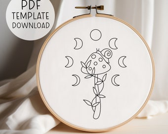 Mushroom Moons Hand Pattern, Witchy Mushroom Embroidery Design Snail Embroidery Download Moon Phases Embroidery PDF Pattern