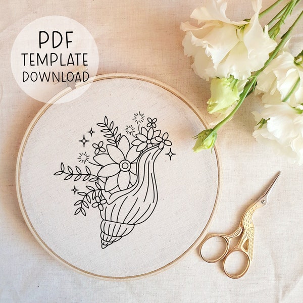 Floral Shell Embroidery Pattern Instant PDF Download, Handmade Gift, Unique Flowers Embroidery Download, Modern Hand Embroidery Hoop Art