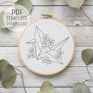 Origami Embroidery Pattern, Japanese Origami Swan Needlepoint Design Floral Embroidery Download Handmade Gift Japan Inspired Art Paper Crane