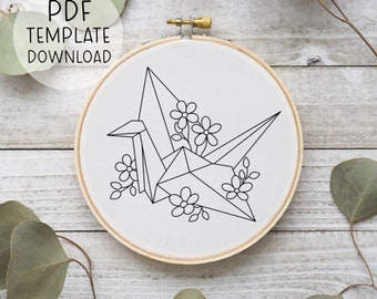 Patrón de bordado de origami, diseño de punta de aguja de cisne de origami japonés bordado floral Descargar regalo hecho a mano Japón inspirado arte grúa de papel