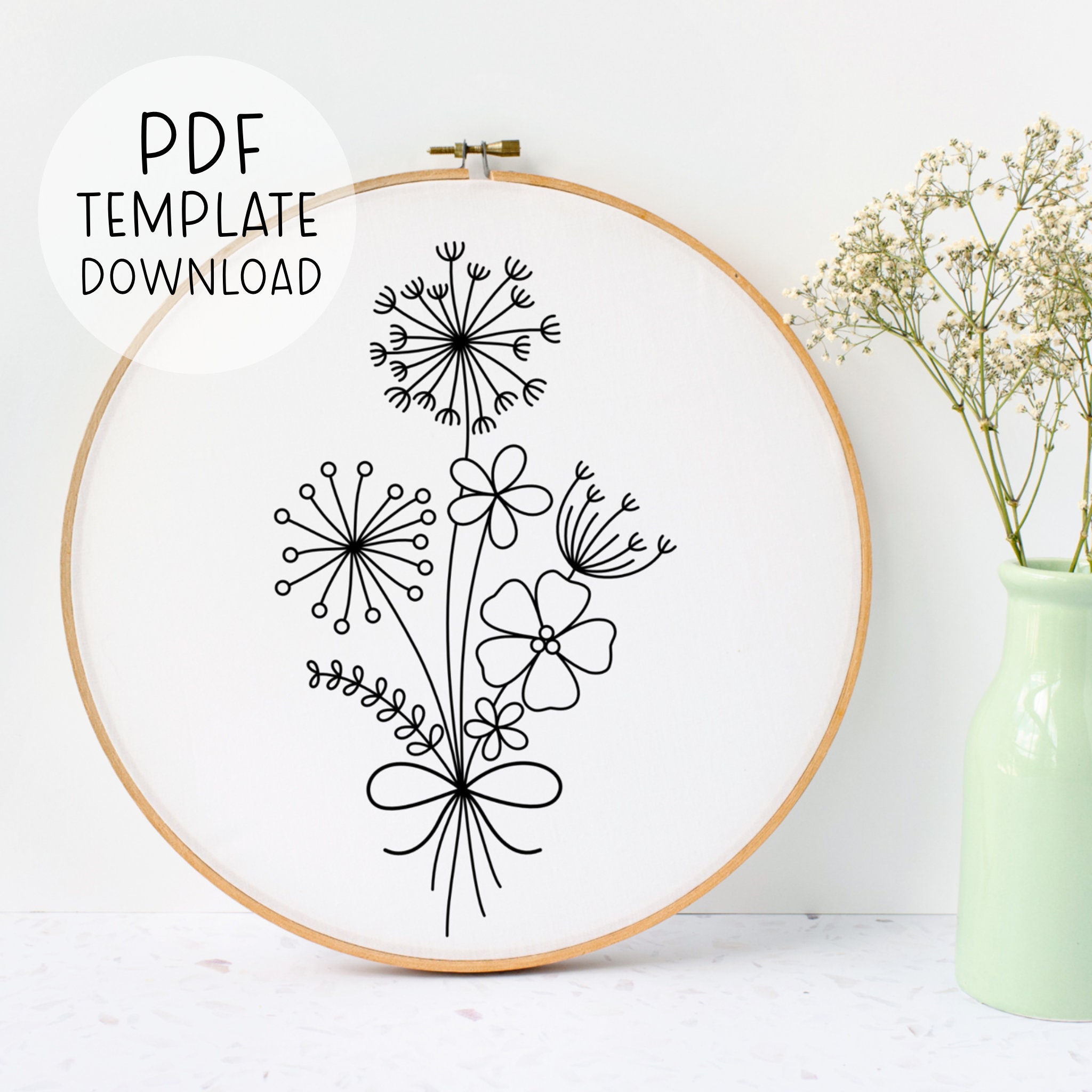 Dandelion Embroidery Pattern PDF - Wildflowers Bouquet Hand Embroidery ...