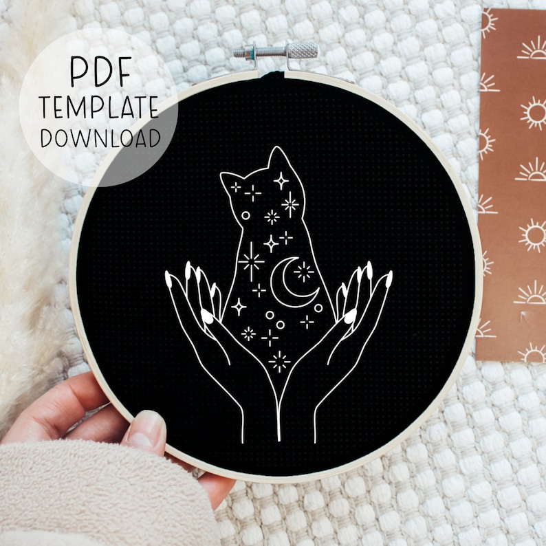 Sterne und Mond Katze Stickmuster Download Himmlische Katze Stickerei, Katze Stickmuster, Sterne Stickmuster, Geschenk für Katzendame Bild 1