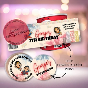 May include: A red popcorn container with a birthday-themed label that reads "Georgie's 7th Birthday." The label features superhero illustrations and the text "Thanks for being a part of my super celebration!" Also includes round stickers.