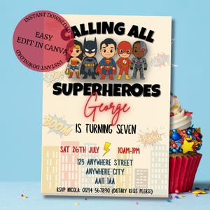 Superhero ANY AGE Birthday Party Invite, Editable Digital Invite, Superheroes Theme, Instant Download Canva Template, Kids Comic Invite